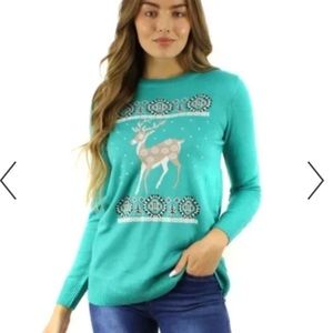 NWT Tres Chic Teal Reindeer Ugly Christmas Sweater